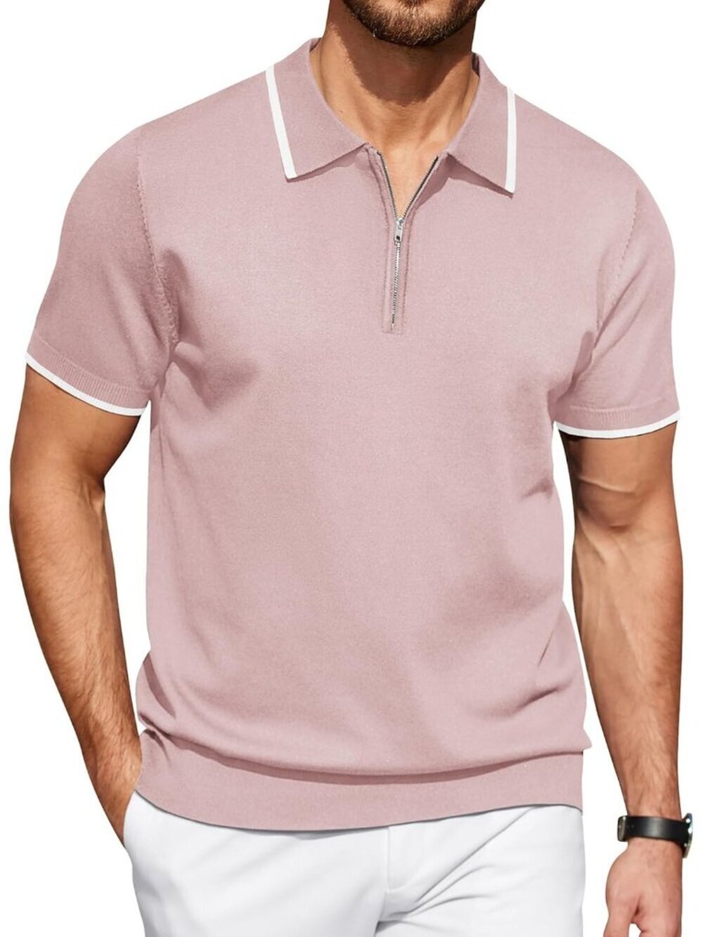 Men's Pink-new Zipper Polo Shirt Casual Knit Short Sleeve Classic Fit Tee Style